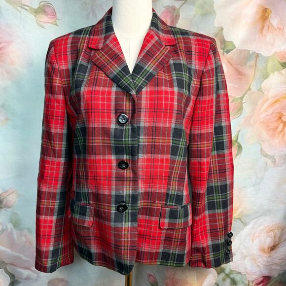 Vintage Rafaella Red Tartan Plaid Worsted Wool Blazer & Leather Linea Pelle Belt - Picture 3 of 9